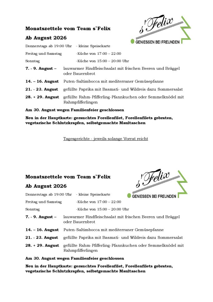 August 2026 Monatszettele